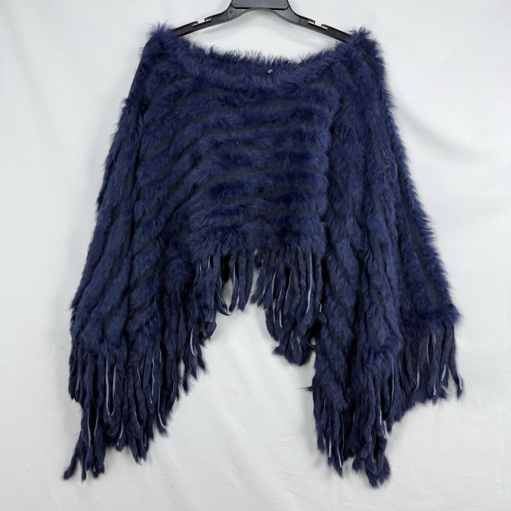 Navy Blue Faux Fur Poncho Cape Fringe Women’s One Size Soft Cozy Wrap - Picture 11 of 14